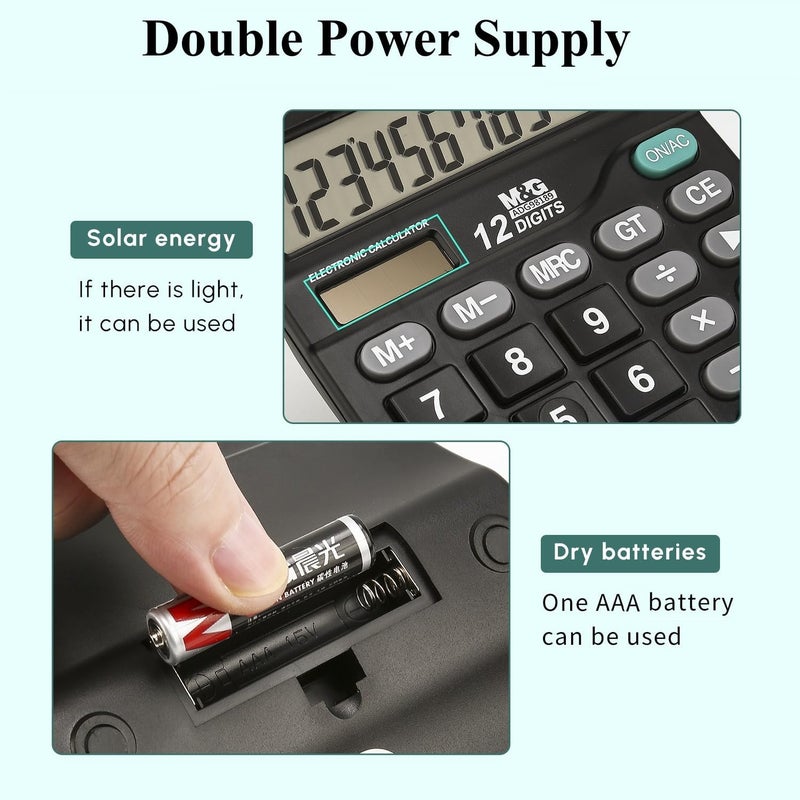 MG Desk Calculator 12 Digit Office Calculators with Large LCD Display, Dual Solar Power and Battery, Recessed Big Button Calculator for Office Home (Black) - Image 4